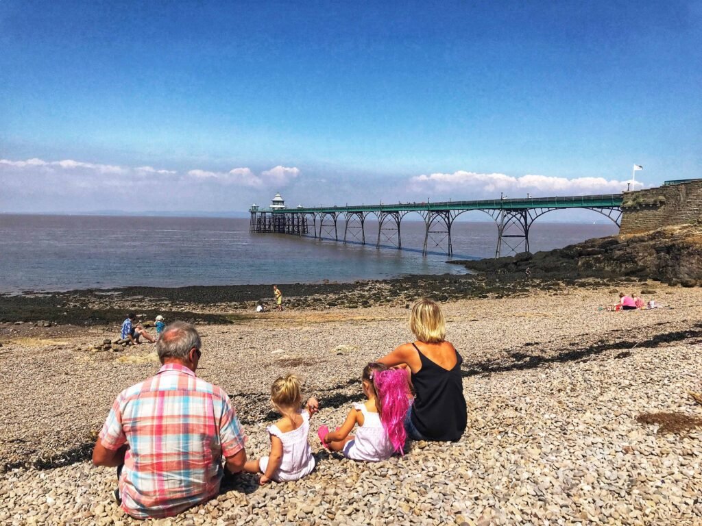 Clevedon Pier North Somerset, people on beach