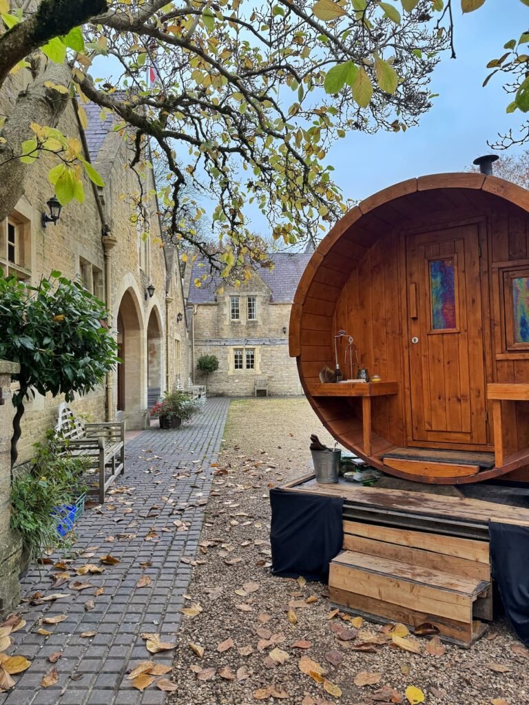 Orchardleigh Estare courtyard and gypsy caravan sauna